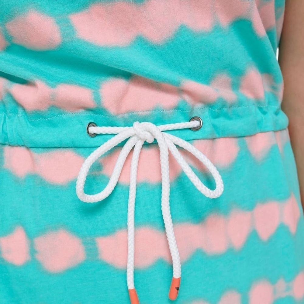 Beachy jersey cotton Dress Turquoise peach drawstring waist XL pockets Casual - Picture 6 of 15